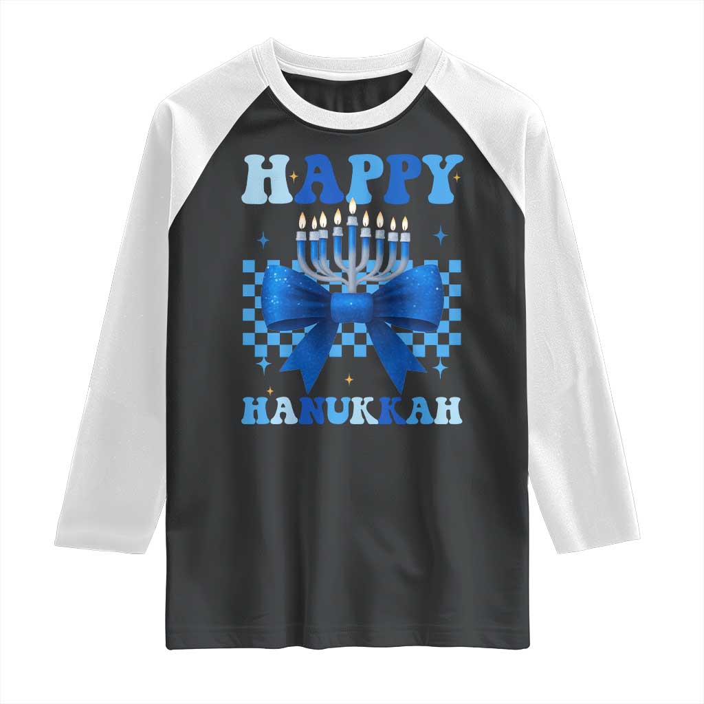 Coquette Hanukkah Raglan Shirt Jewish Menorah Bow Girls TS10 Black White Print Your Wear