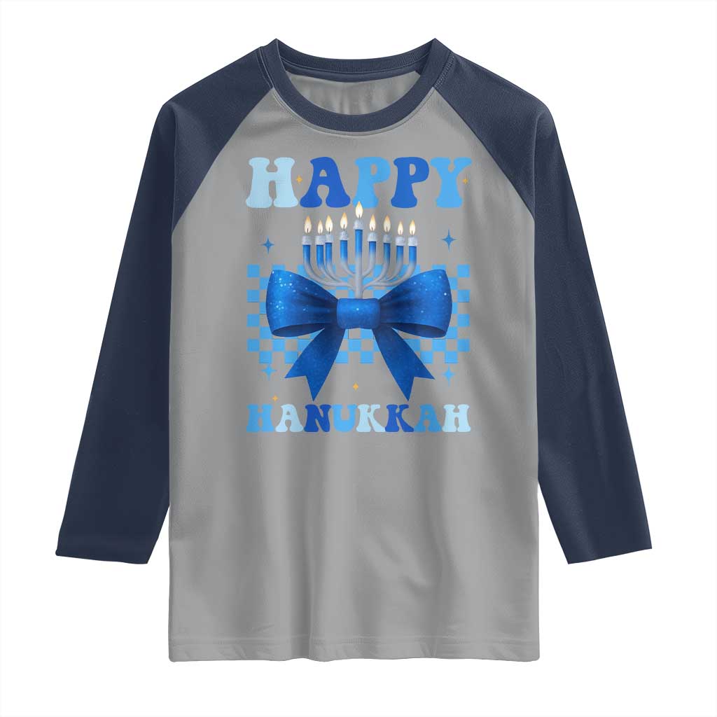Coquette Hanukkah Raglan Shirt Jewish Menorah Bow Girls TS10 Sport Gray Navy Print Your Wear