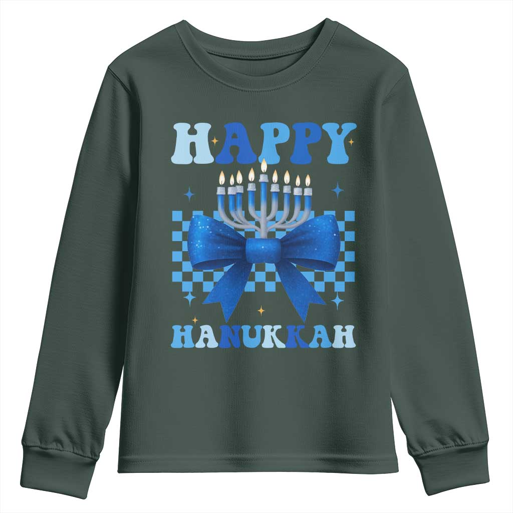 Coquette Hanukkah Youth Sweatshirt Jewish Menorah Bow Girls TS10 Dark Forest Green Print Your Wear