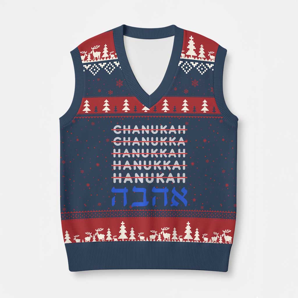 Funny Hanukkah Spelling V-Neck Knit Sweater Vest Jewish Chanukah Humor Hebrew Gifts TS10 Navy Red Print Your Wear