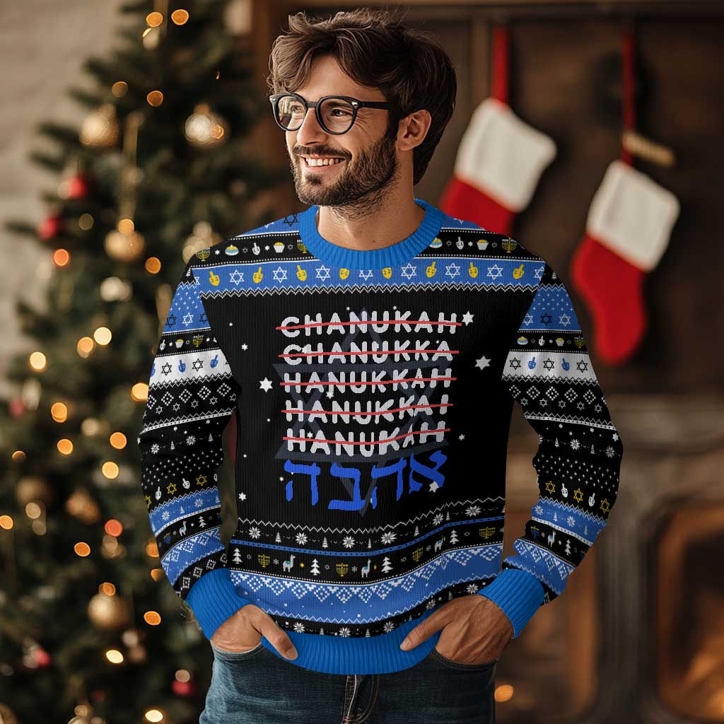Funny Hanukkah Spelling Hanukkah Ugly Sweater Jewish Chanukah Humor Hebrew Gifts TS10 Black Blue Print Your Wear