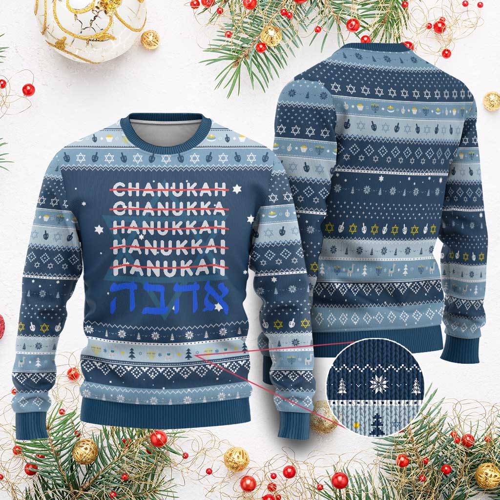 Funny Hanukkah Spelling Hanukkah Ugly Sweater Jewish Chanukah Humor Hebrew Gifts TS10 Navy Light Blue Print Your Wear
