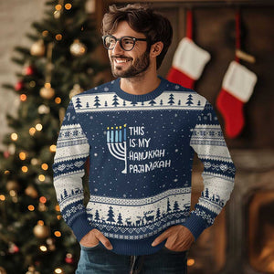 Funny Hanukkah Pajama Ugly Christmas Sweater This is My Pajamakah Gift Chanukah TS10 Navy Beige Print Your Wear