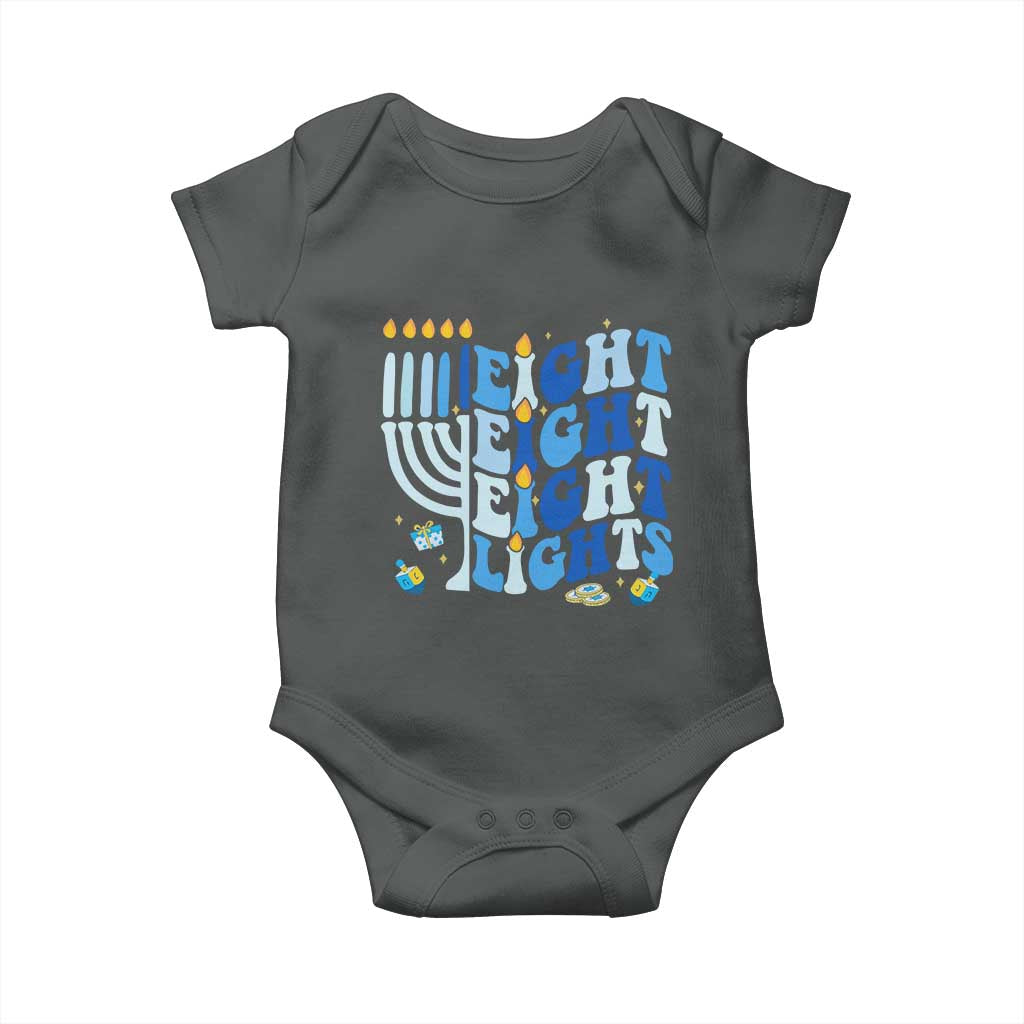 Happy Hanukkah Baby Onesie Retro Groovy Eight Nights and Eight Lights TS10 Dark Heather Print Your Wear
