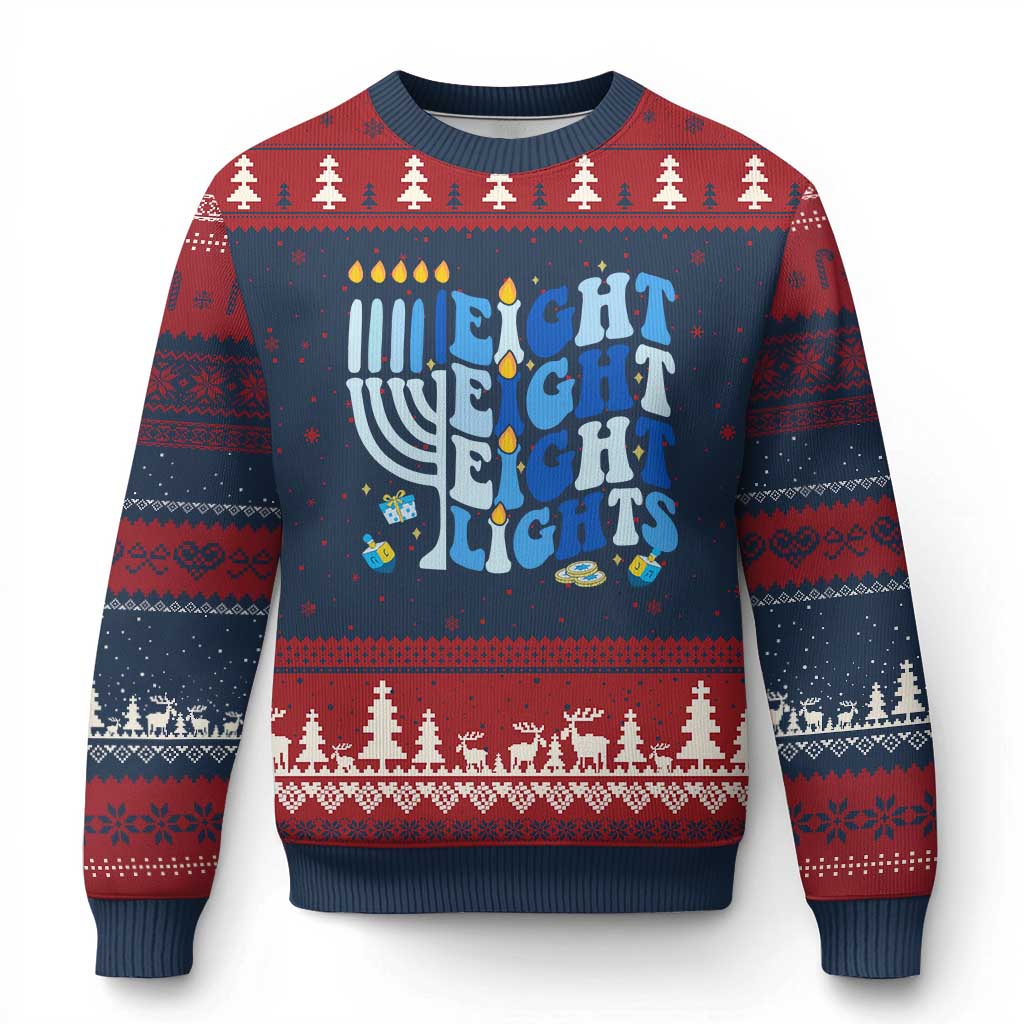 Happy Hanukkah Ugly Christmas Sweater Retro Groovy Eight Nights and Eight Lights TS10 Navy Red Print Your Wear