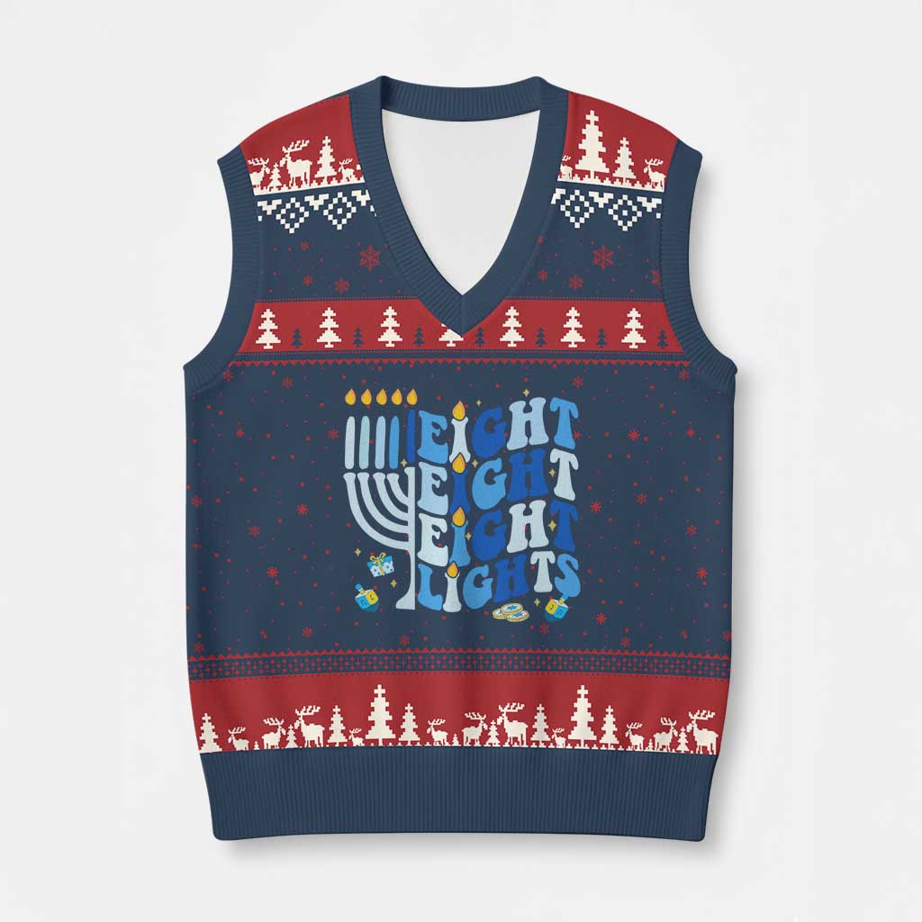 Happy Hanukkah V-Neck Knit Sweater Vest Retro Groovy Eight Nights and Eight Lights TS10 Navy Red Print Your Wear