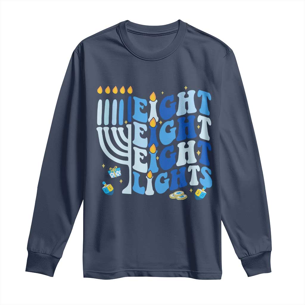 Happy Hanukkah Long Sleeve Shirt Retro Groovy Eight Nights and Eight Lights TS10 Navy Print Your Wear
