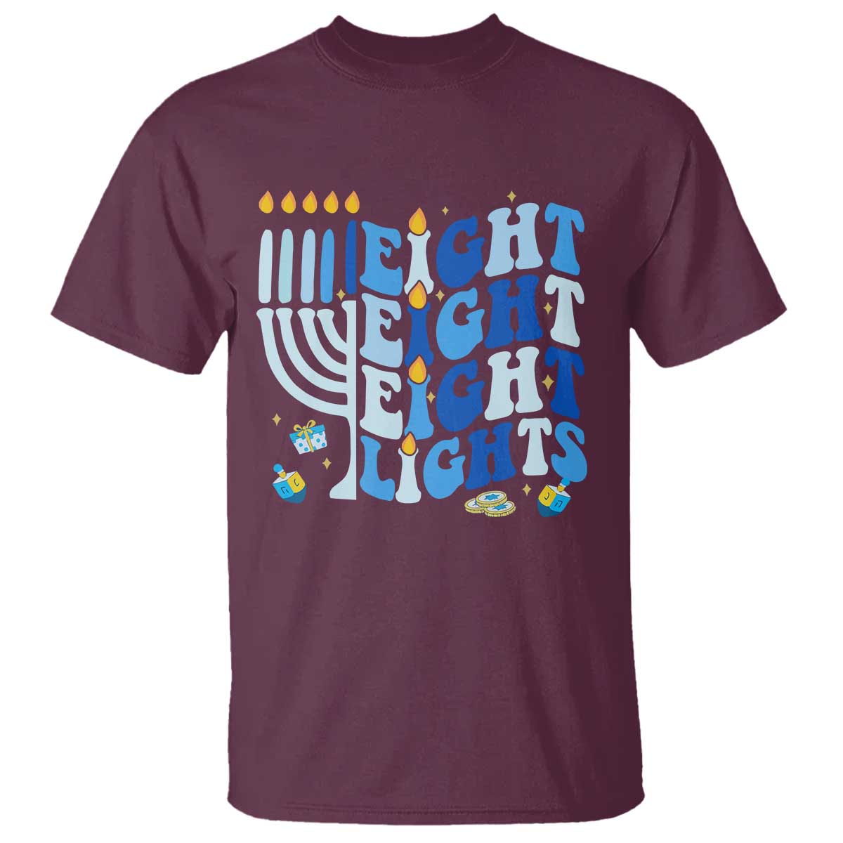 Happy Hanukkah T Shirt Retro Groovy Eight Nights and Eight Lights TS10 Maroon Print Your Wear