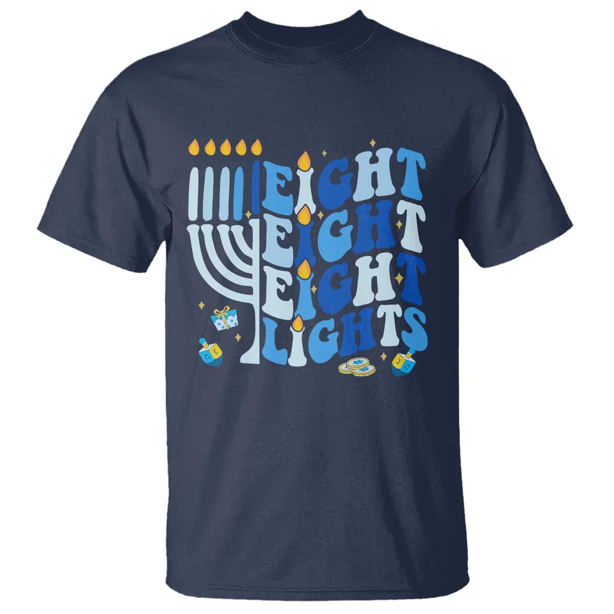 Happy Hanukkah T Shirt Retro Groovy Eight Nights and Eight Lights TS10 Navy Print Your Wear