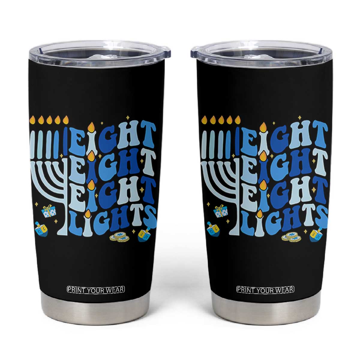 Happy Hanukkah Tumbler Cup Retro Groovy Eight Nights and Eight Lights TS10 Black Print Your Wear
