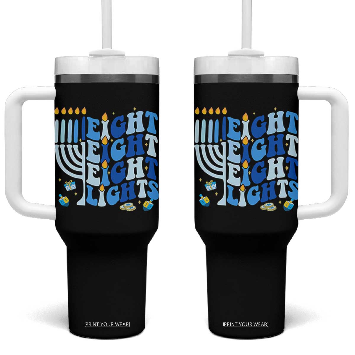 Happy Hanukkah Tumbler With Handle Retro Groovy Eight Nights and Eight Lights TS10 One Size: 40 oz Black Print Your Wear