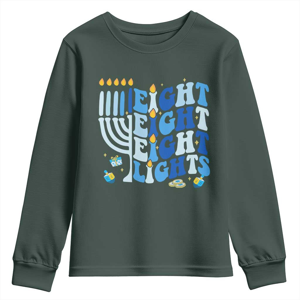 Happy Hanukkah Youth Sweatshirt Retro Groovy Eight Nights and Eight Lights TS10 Dark Forest Green Print Your Wear