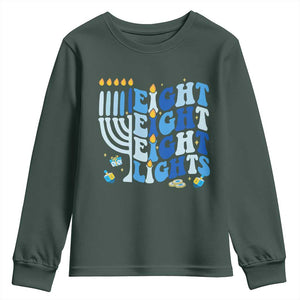 Happy Hanukkah Youth Sweatshirt Retro Groovy Eight Nights and Eight Lights TS10 Dark Forest Green Print Your Wear