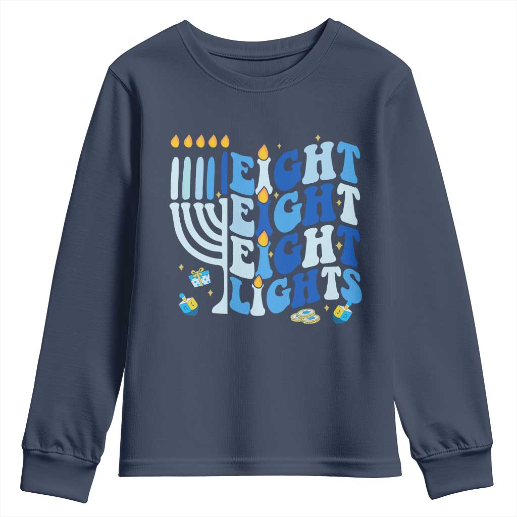 Happy Hanukkah Youth Sweatshirt Retro Groovy Eight Nights and Eight Lights TS10 Navy Print Your Wear