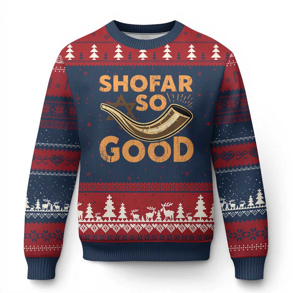 Shofar So Good Ugly Christmas Sweater Funny Rosh Hashanah Jewish Holiday Gift TS10 Navy Red Print Your Wear