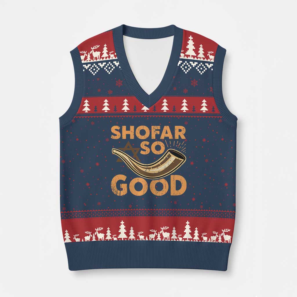 Shofar So Good V-Neck Knit Sweater Vest Funny Rosh Hashanah Jewish Holiday Gift TS10 Navy Red Print Your Wear