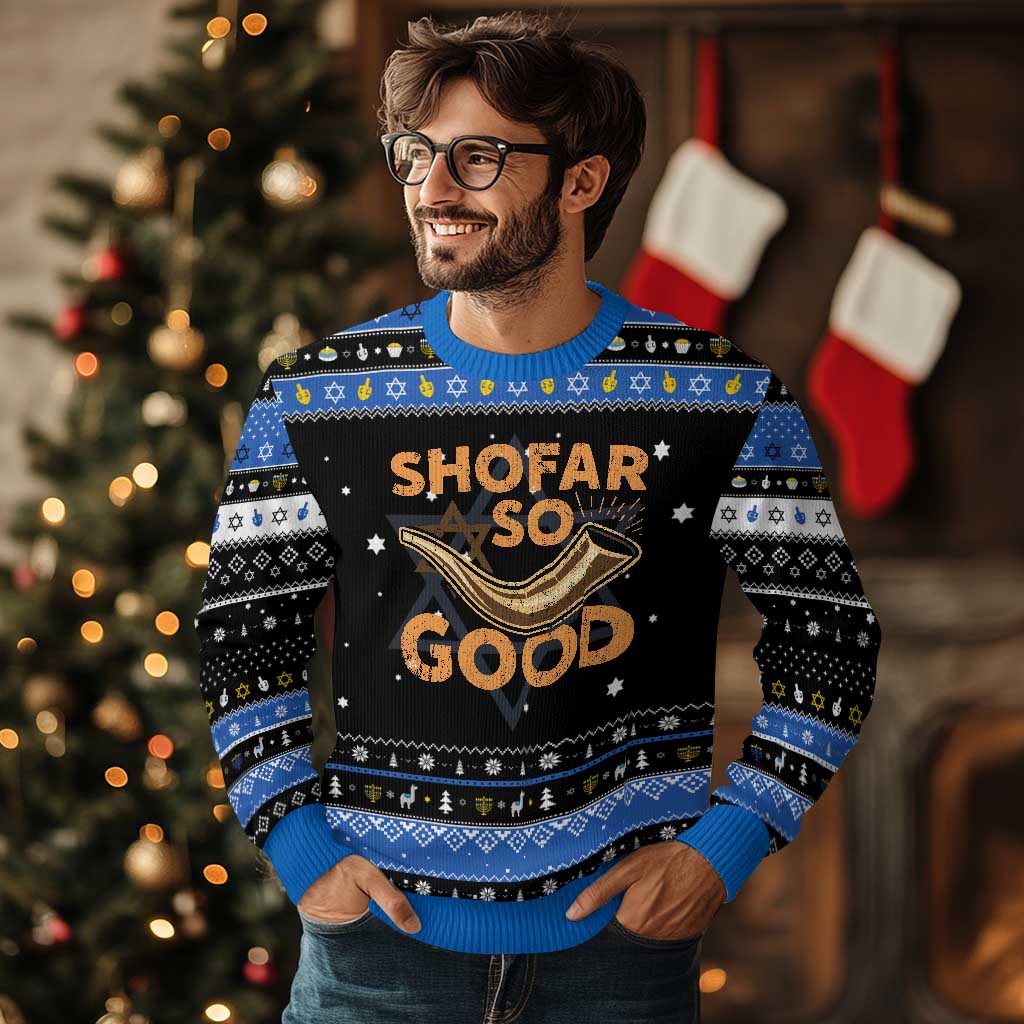 Shofar So Good Hanukkah Ugly Sweater Funny Rosh Hashanah Jewish Holiday Gift TS10 Black Blue Print Your Wear