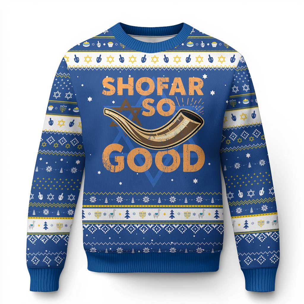 Shofar So Good Hanukkah Ugly Sweater Funny Rosh Hashanah Jewish Holiday Gift TS10 Blue White Print Your Wear
