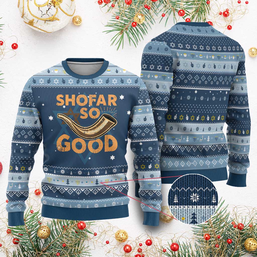 Shofar So Good Hanukkah Ugly Sweater Funny Rosh Hashanah Jewish Holiday Gift TS10 Navy Light Blue Print Your Wear
