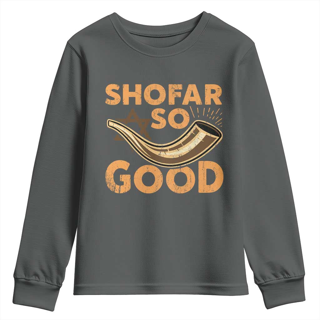 Shofar So Good Youth Sweatshirt Funny Rosh Hashanah Jewish Holiday Gift TS10 Dark Heather Print Your Wear