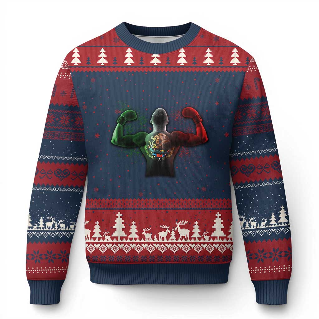 Mexican Boxing Ugly Christmas Sweater Retro Vintage Watercolors Mexico Flag Boxer TS10 Navy Red Print Your Wear