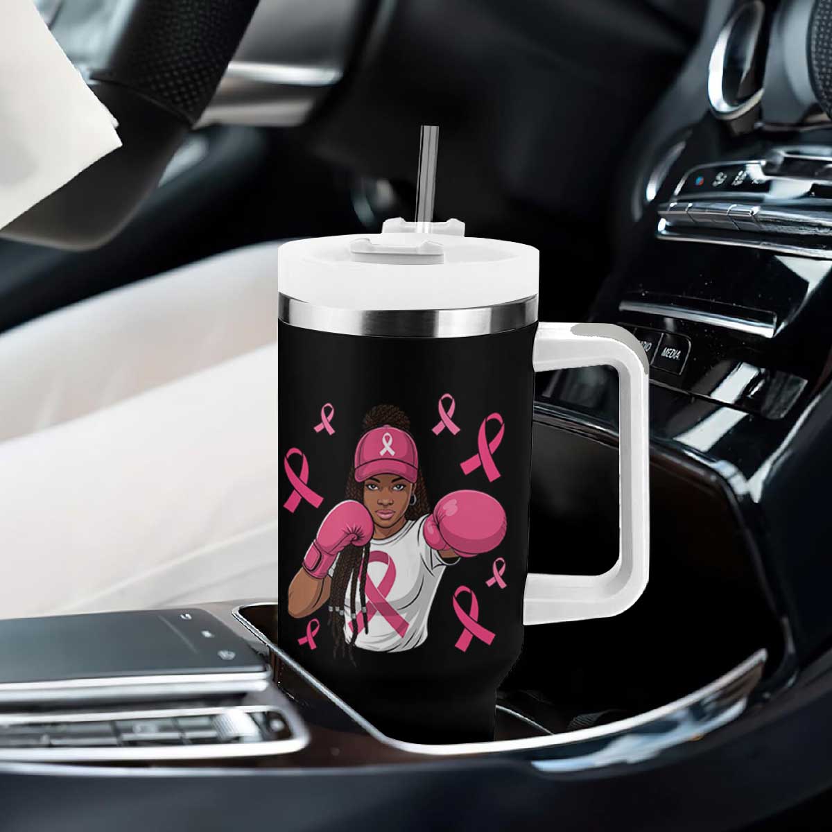 Black Women Fight Breast Cancer Awareness Tumbler With Handle Pink Ribbon African American TS10 Print Your Wear
