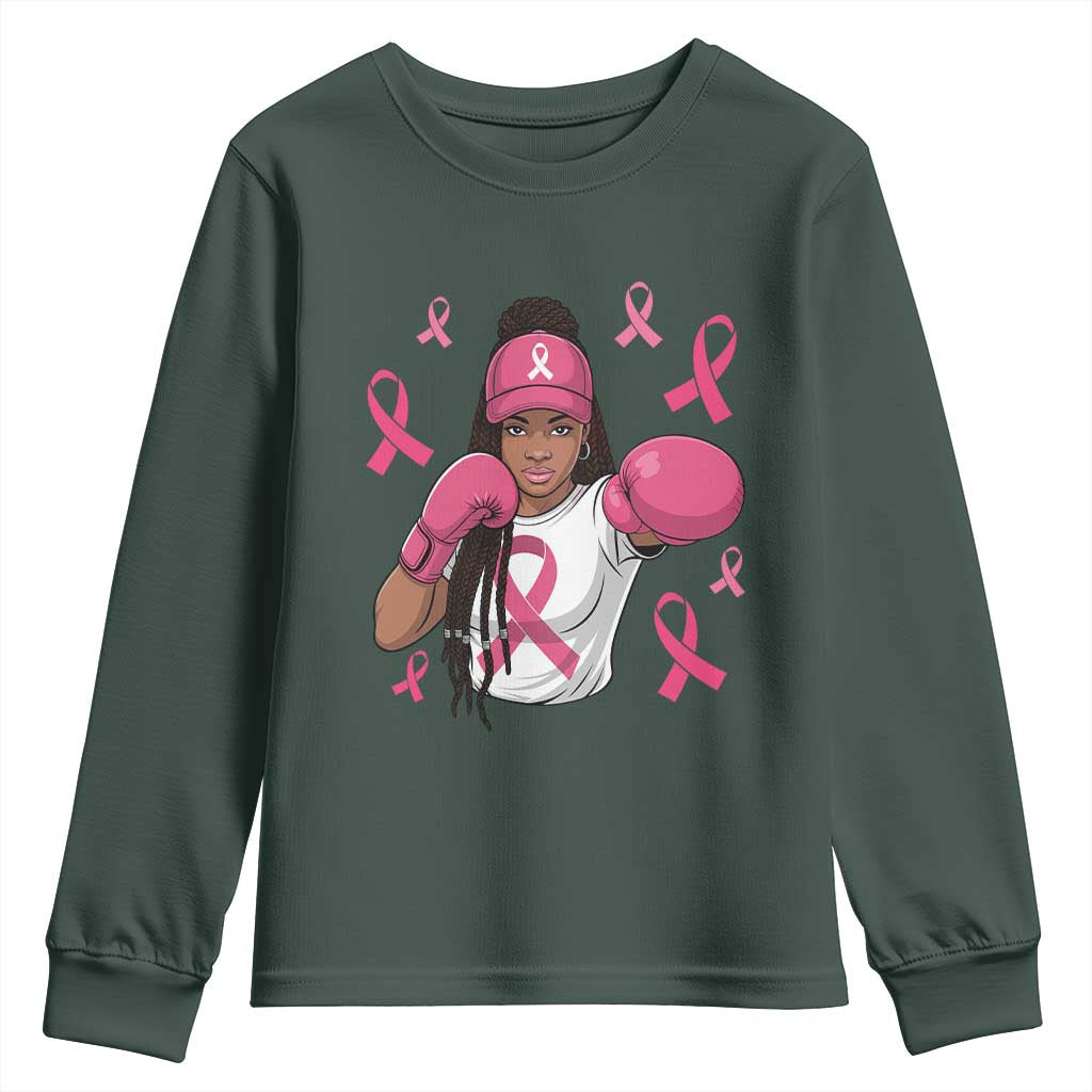 Black Women Fight Breast Cancer Awareness Youth Sweatshirt Pink Ribbon African American TS10 Dark Forest Green Print Your Wear
