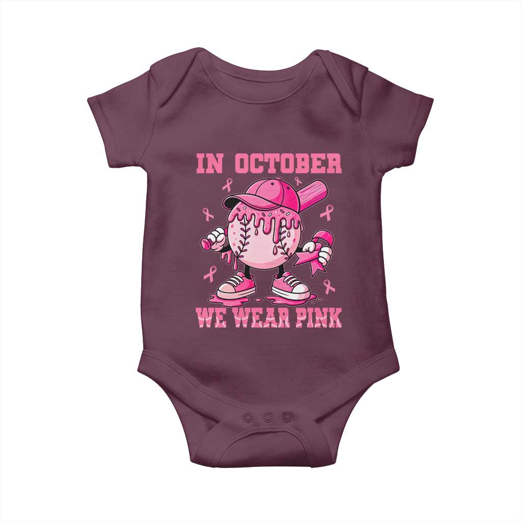 Baseball Breast Cancer Baby Onesie In October We Wear Pink Baseball Drip TS10 Maroon Print Your Wear