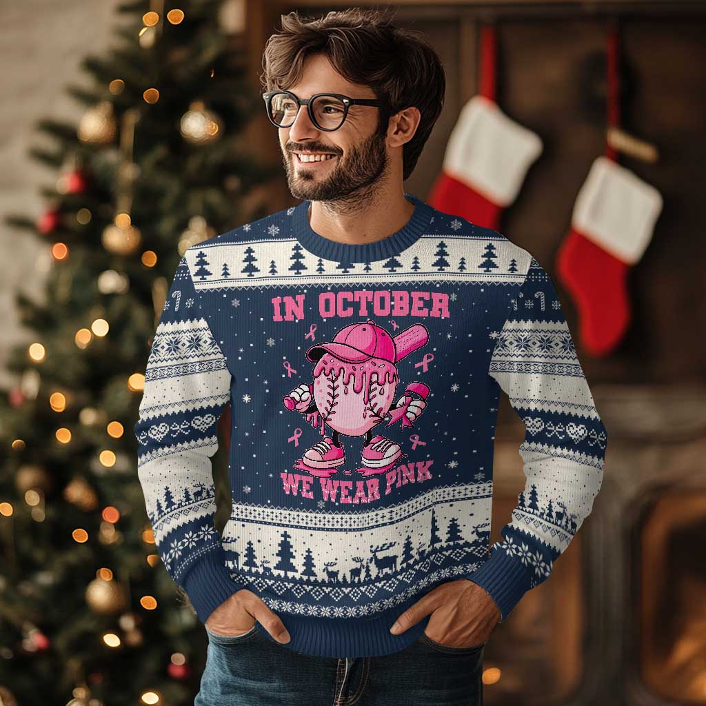 Baseball Breast Cancer Ugly Christmas Sweater In October We Wear Pink Baseball Drip TS10 Navy Beige Print Your Wear