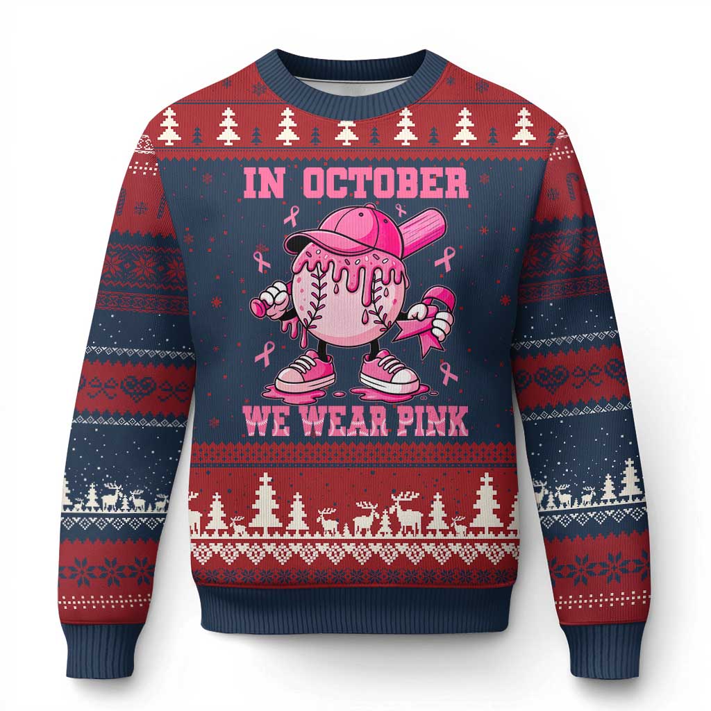 Baseball Breast Cancer Ugly Christmas Sweater In October We Wear Pink Baseball Drip TS10 Navy Red Print Your Wear
