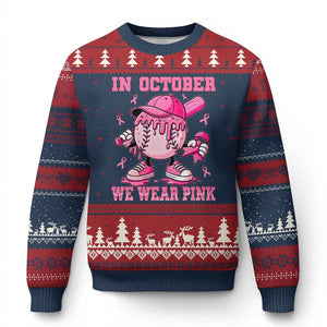Baseball Breast Cancer Ugly Christmas Sweater In October We Wear Pink Baseball Drip TS10 Navy Red Print Your Wear