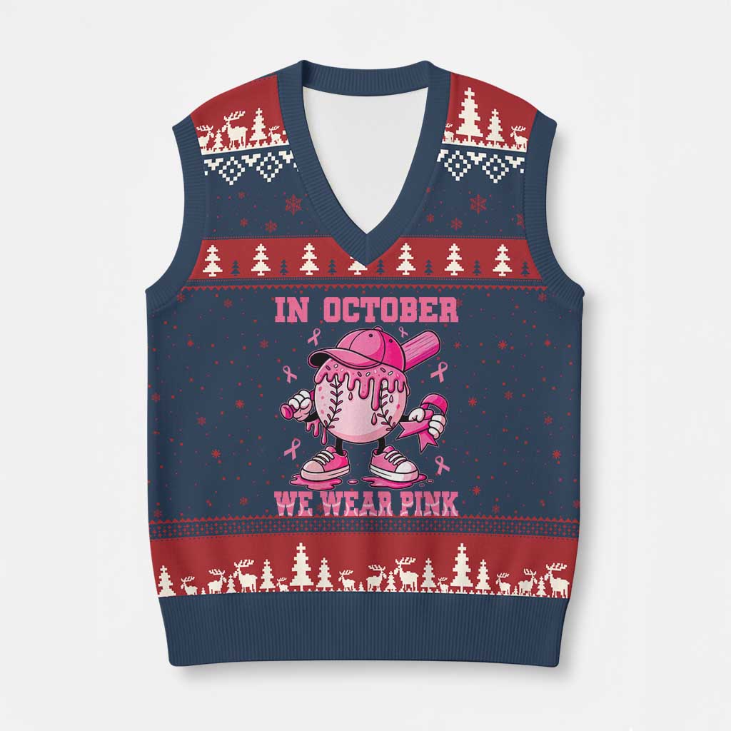 Baseball Breast Cancer V-Neck Knit Sweater Vest In October We Wear Pink Baseball Drip TS10 Navy Red Print Your Wear