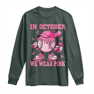 Baseball Breast Cancer Long Sleeve Shirt In October We Wear Pink Baseball Drip TS10 Dark Forest Green Print Your Wear