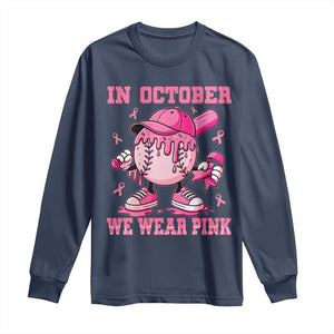 Baseball Breast Cancer Long Sleeve Shirt In October We Wear Pink Baseball Drip TS10 Navy Print Your Wear