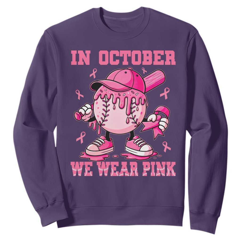 Baseball Breast Cancer Sweatshirt In October We Wear Pink Baseball Drip TS10 Purple Print Your Wear