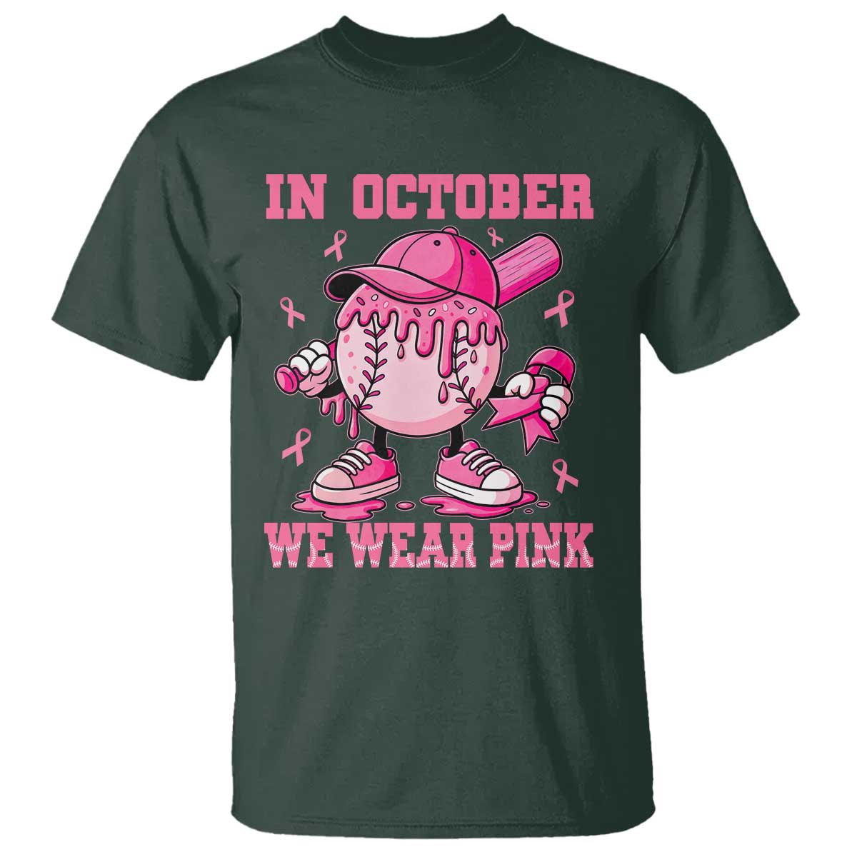 Baseball Breast Cancer T Shirt In October We Wear Pink Baseball Drip TS10 Dark Forest Green Print Your Wear