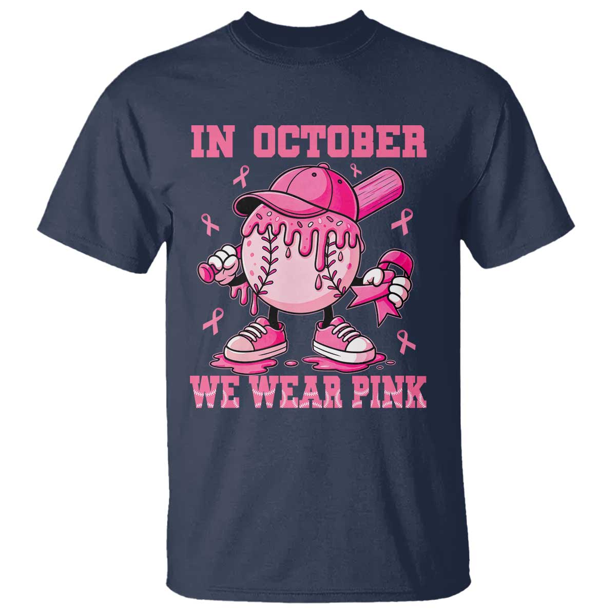 Baseball Breast Cancer T Shirt In October We Wear Pink Baseball Drip TS10 Navy Print Your Wear