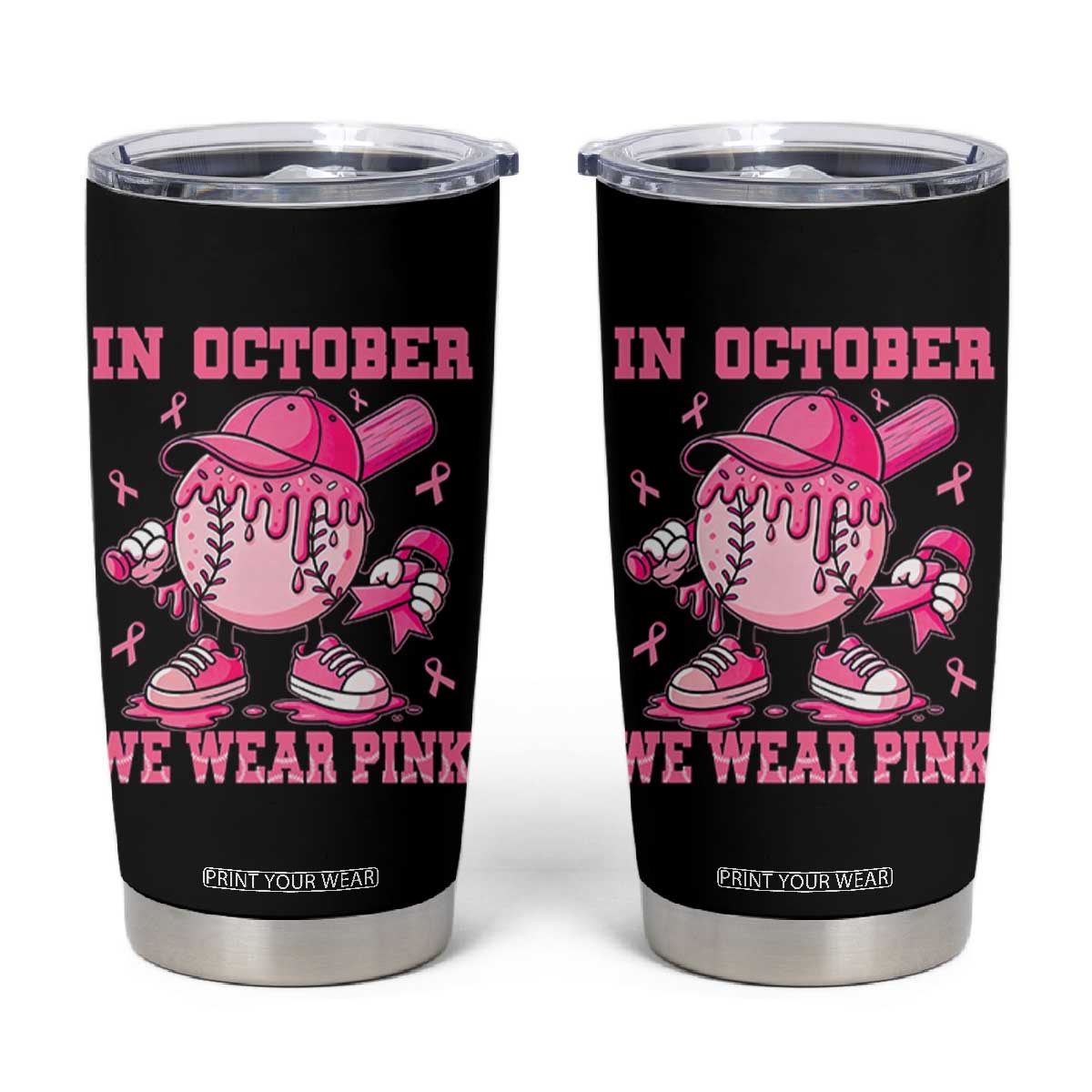 Baseball Breast Cancer Tumbler Cup In October We Wear Pink Baseball Drip TS10 Black Print Your Wear