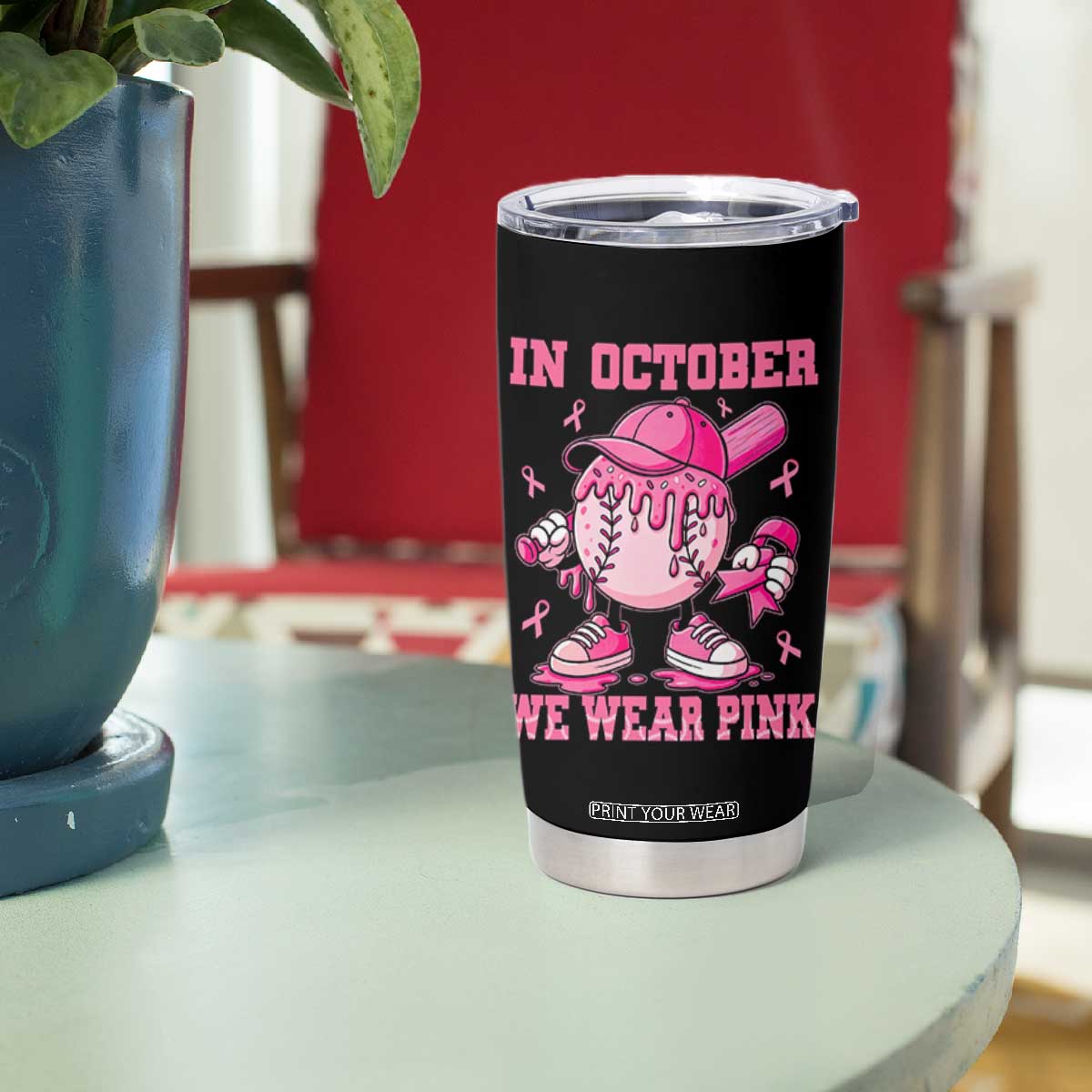 Baseball Breast Cancer Tumbler Cup In October We Wear Pink Baseball Drip TS10 Print Your Wear