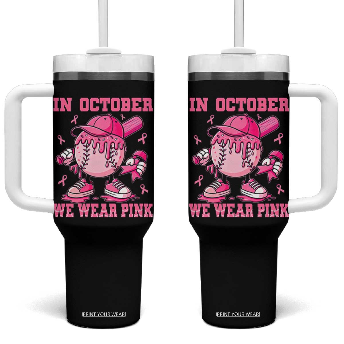 Baseball Breast Cancer Tumbler With Handle In October We Wear Pink Baseball Drip TS10 One Size: 40 oz Black Print Your Wear