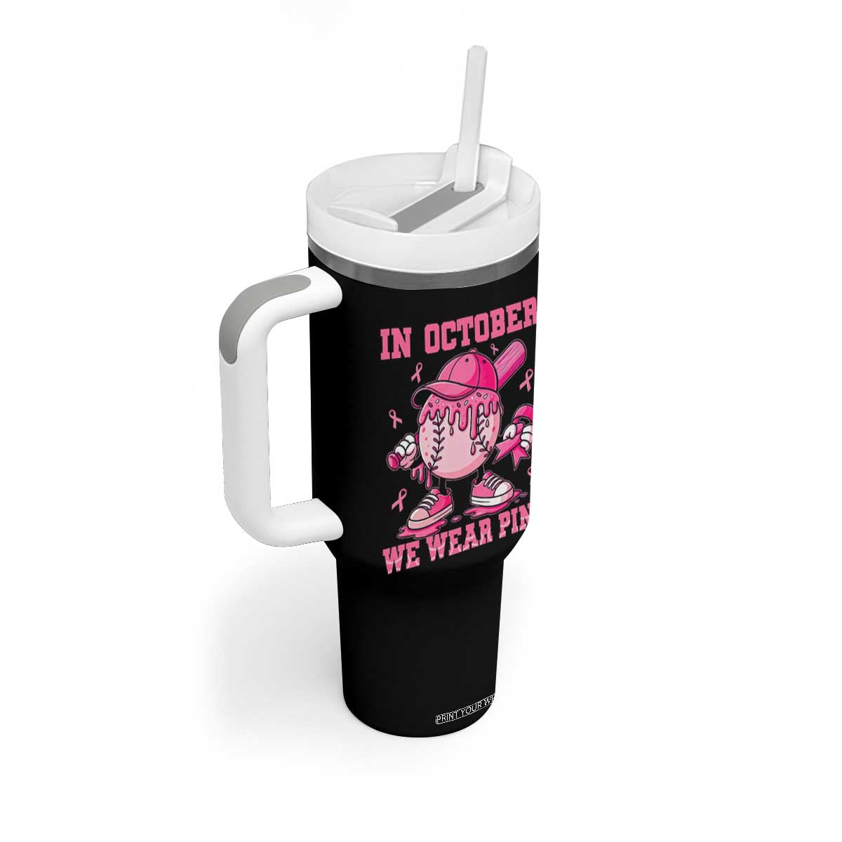 Baseball Breast Cancer Tumbler With Handle In October We Wear Pink Baseball Drip TS10 Print Your Wear