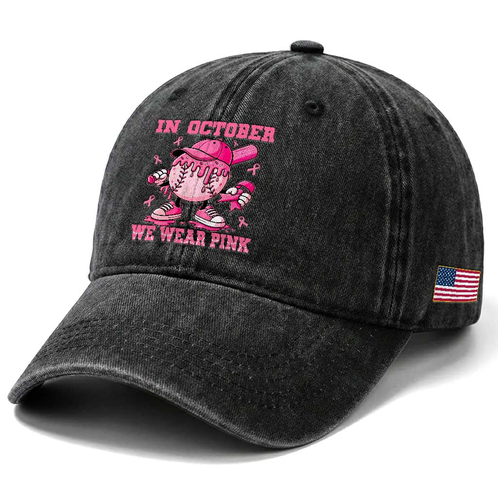 Baseball Breast Cancer Washed Cotton Baseball Cap In October We Wear Pink Baseball Drip TS10 Print Your Wear
