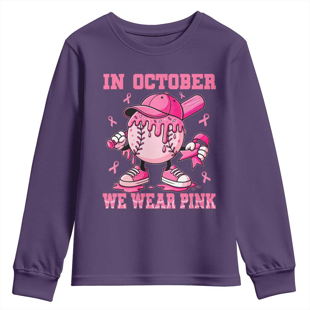 Baseball Breast Cancer Youth Sweatshirt In October We Wear Pink Baseball Drip TS10 Purple Print Your Wear