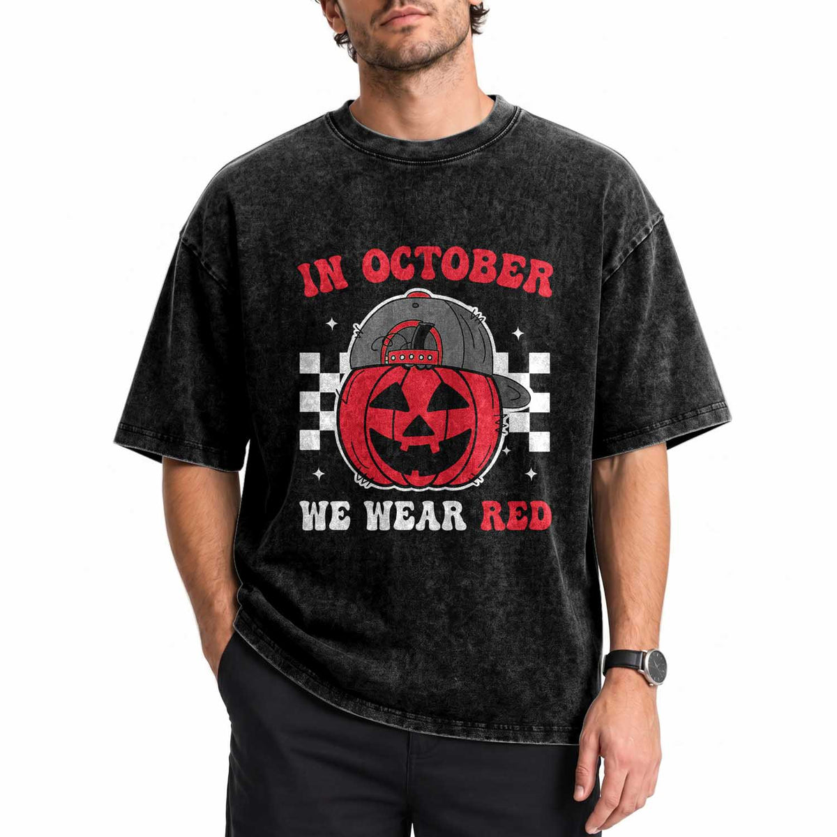 Red October Halloween Washed Cotton T-Shirt Vintage Philadelphia Baseball Fan Jackolantern Pumpkin