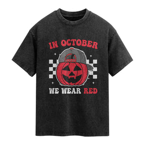 Red October Halloween Washed Cotton T-Shirt Vintage Philadelphia Baseball Fan Jackolantern Pumpkin