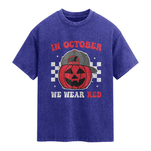 Red October Halloween Washed Cotton T-Shirt Vintage Philadelphia Baseball Fan Jackolantern Pumpkin