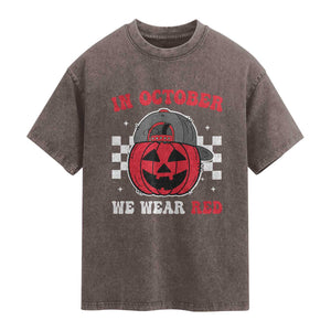 Red October Halloween Washed Cotton T-Shirt Vintage Philadelphia Baseball Fan Jackolantern Pumpkin