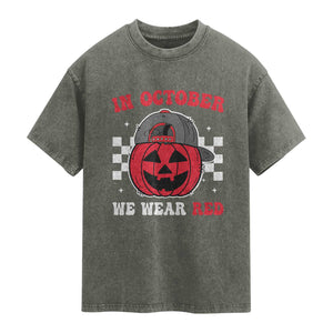 Red October Halloween Washed Cotton T-Shirt Vintage Philadelphia Baseball Fan Jackolantern Pumpkin