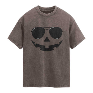 Pumpkin Face Washed Cotton T-Shirt Vintage Jack o Lantern Jackolantern Spooky Season Halloween