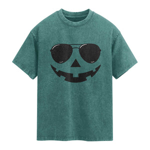 Pumpkin Face Washed Cotton T-Shirt Vintage Jack o Lantern Jackolantern Spooky Season Halloween